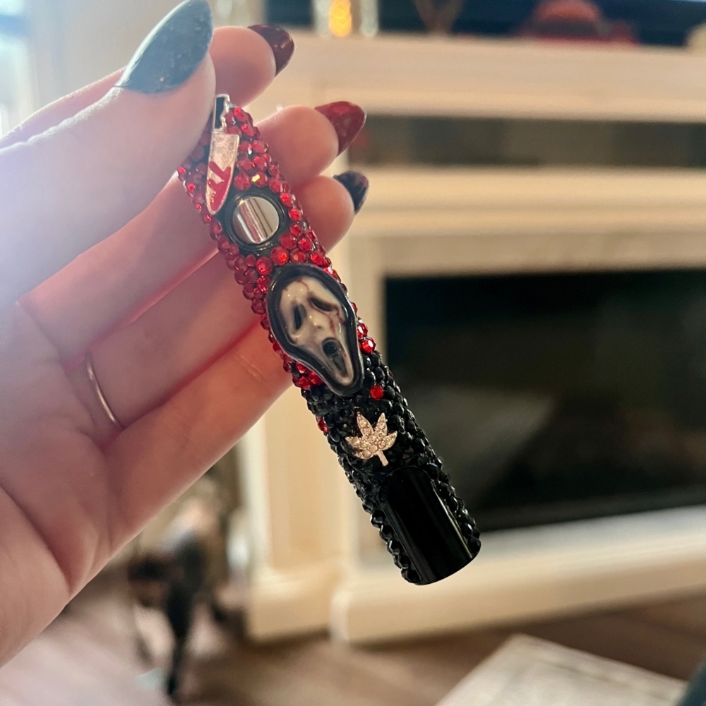 Red and Black Beaded Lighter Case with Scream Mask Design